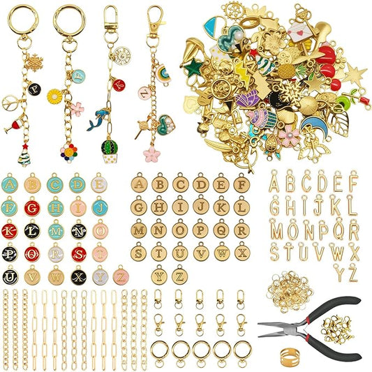 Aucscott 500Pcs Lipgloss Charms Keychain Making Kit, Lip Gloss DIY Jewelry Craft Supplies - Clip Hooks, Jump Rings, Lobster Clasps, Letter Charms & Tools for Custom Keychains Earrings Bags