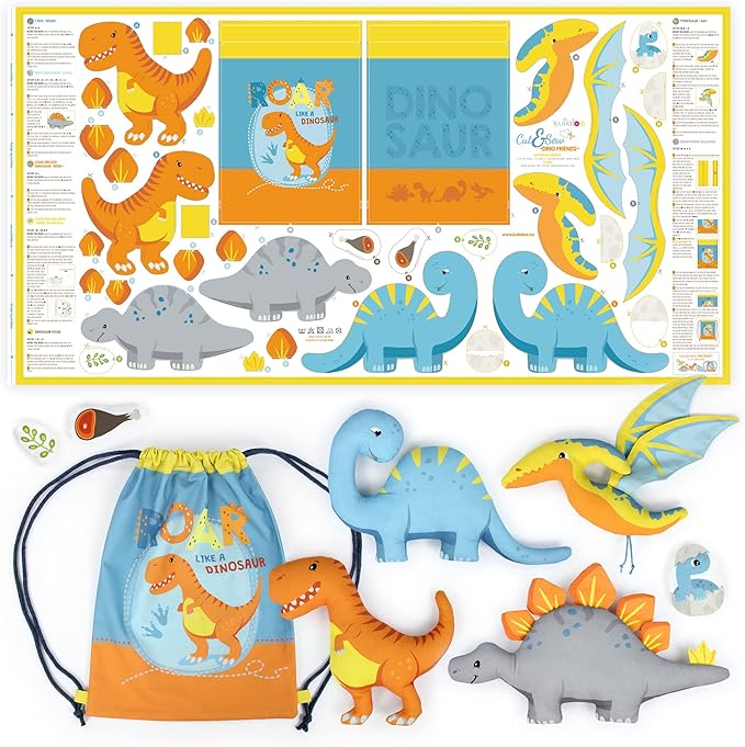 kullaloo Sewing kit for Kids Beginners - DIY Craft for Girls & Boys - Cut & Sew Fabric Panel Dinosaur (Dino Friends)