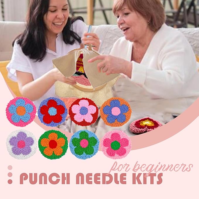 SEREDH Punch Needle Kit for Beginners Adults Easy Needle Punch Embroidery Set Including Threader Instruction Fabric Hoop Yarn Coaster DIY Making Kit Supplies,Set of 8 Flower Art Crafts Gifts