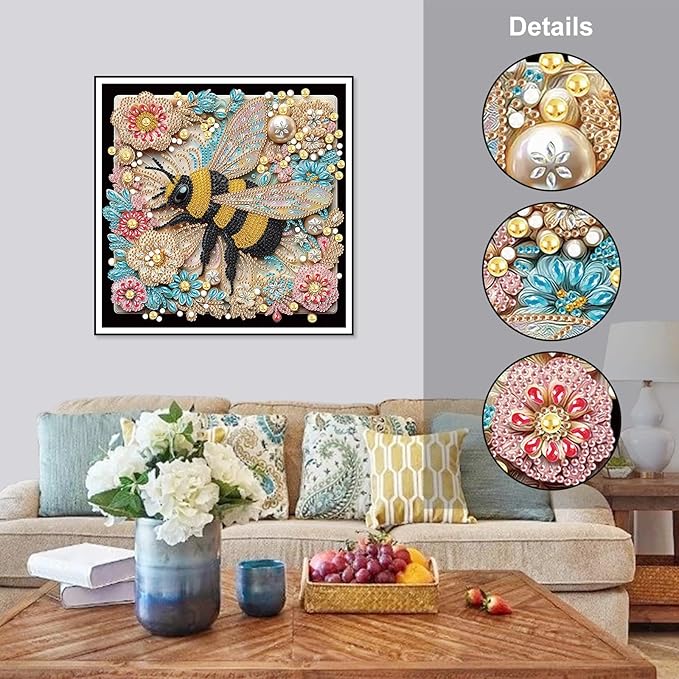 SJUTOUCI Diamond Painting Kits for Adults, 5D Flower Bee Special Shape Diamond Art for Beginners, Crystal Rhinestones Dots Bead Art for Home Wall Decoration Gift 12×12inch