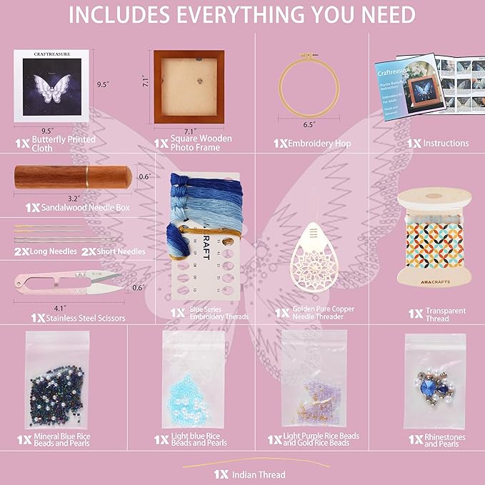 Craftreasure Embroidery Kit for Adults, Butterfly Needle Point Kits Adults Beginner Include Embroidery Beads Threads for Craft Lover Hand Stitch with Embroidery Skill Technique（Blue-Intermediate）