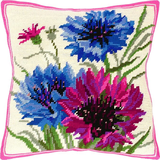 Brvsk Floral Needlepoint Kit for Adults and Beginners — Cornflowers 16″ × 16″ with Clear, Precise Printed Design on Cotton Canvas; Includes 2 Needles, Yarn, and Easy-Read Chart