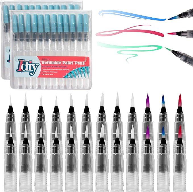 Refillable Watercolor Brush Pens Set of 24 – Water Brush Pens with 3 Tip Sizes (3mm, 4mm, 5mm) – Nylon Point Tips for Painting, Lettering, Calligraphy & DIY Crafts – Easy Flow Control & Easy to Clean