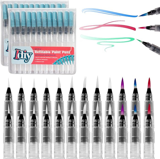 Refillable Watercolor Brush Pens Set of 24 – Water Brush Pens with 3 Tip Sizes (3mm, 4mm, 5mm) – Nylon Point Tips for Painting, Lettering, Calligraphy & DIY Crafts – Easy Flow Control & Easy to Clean