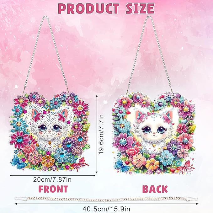 DOMROM Cat and Flower Diamond Art Hanging Kits for Kids Beginners, Special Shaped Crystal Diamond Painting Cat Pendant, DIY Diamond Art Suncatchers Animal for Home Garden Wall Decor Gift