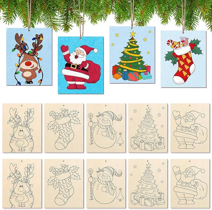 COCHIE 10 Pieces Large Christmas Unfinished Wood Crafts to Paint for Adults, Bulk Winter Predrilled Wooden Ornaments for Painting, Xmas Tree Truck Paintable Wood Slices Craft Supplies