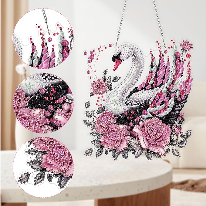 QENSPE Diamond Art Hanging Kits for Adults, 5D Swan Special Shape Diamond Paingting Ornaments with Chain, DIY Pink Rose Crystal Window Pendants for Home Wall Decor Double Sided 8X8 inch