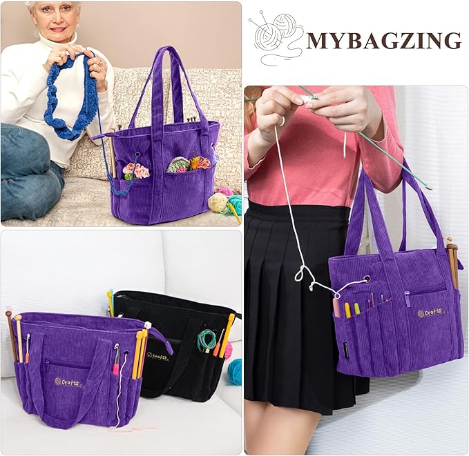 Crochet Bag and Tote - Corduroy Yarn Bag - Yarn Holder for Crocheting - Crochet Storage Bag for Crochet Hooks, Crochet Accessories, Knitting Bag for Crochet Lovers, Mother's Day Gift