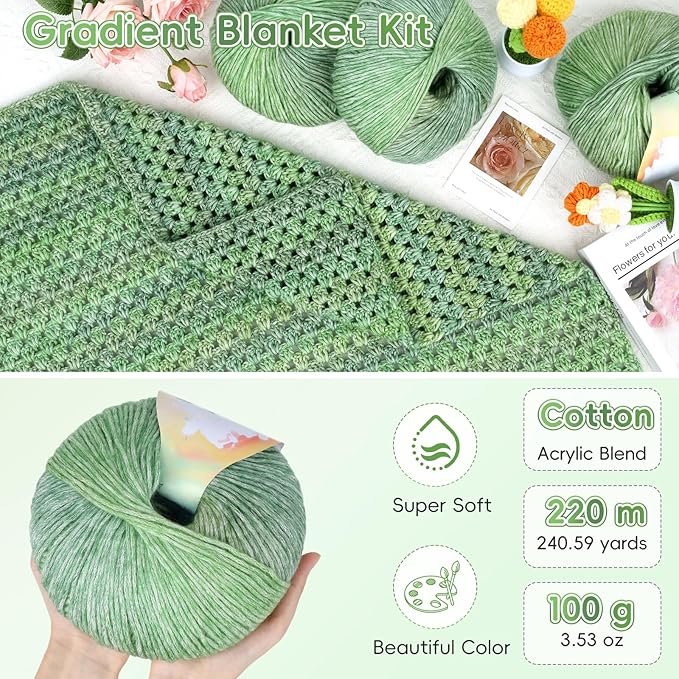 Aeelike Blanket Crochet Kit for Beginners, Super Easy Crochet Blanket Kit with Soft & Colorful Gradient Yarns Detailed Video Tutorials Crocheting Accessories, Moss Green Gradient & Ideal Gift