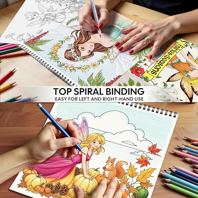 Fairy Coloring Book for Adults Relaxation – Featuring Fairies of Seasons and Magical Scenes Through the Four Seasons, Spiral Bound Adult Coloring Book for Stress Relief & Mindfulness Gift for Women