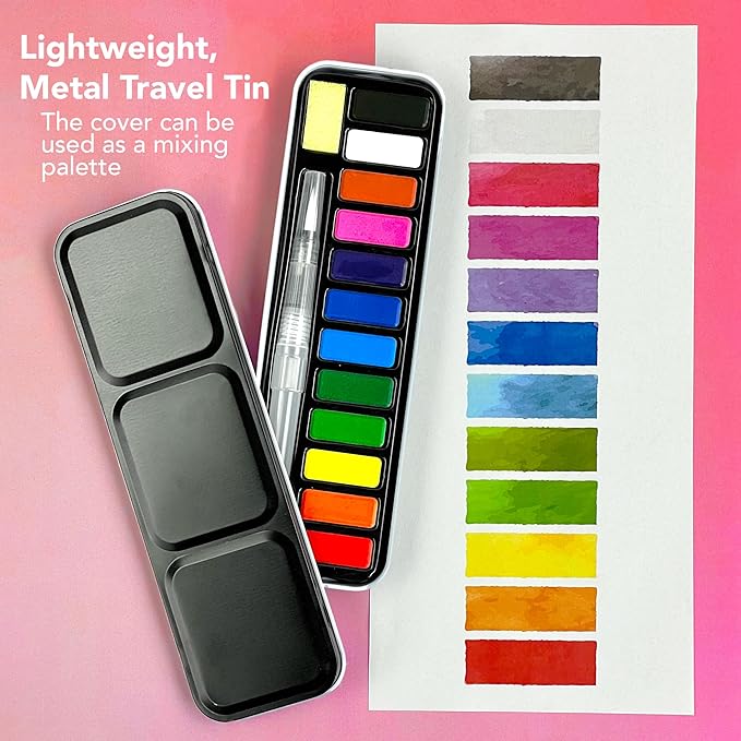 ArtSkills Travel Watercolor Kit, Watercolor Paint Set for Kids & Adults, Travel Palette with Water Brush