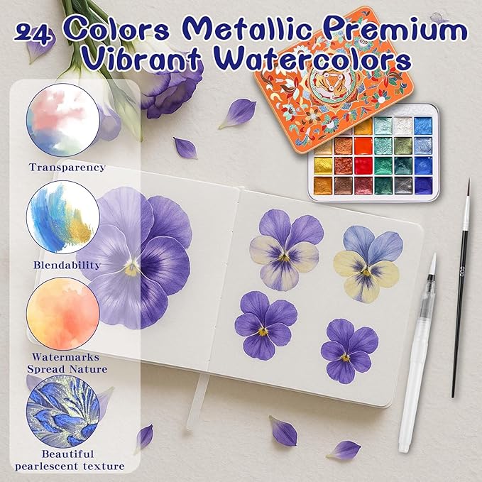 Mini Watercolor Paint Set - 24 Colors Glitter Travel Watercolor Set, Portable Metallic Water Color Paints Palette Box with Watercolor Book,Clips,Pens,Storage Bag for Painting Lovers and Artists