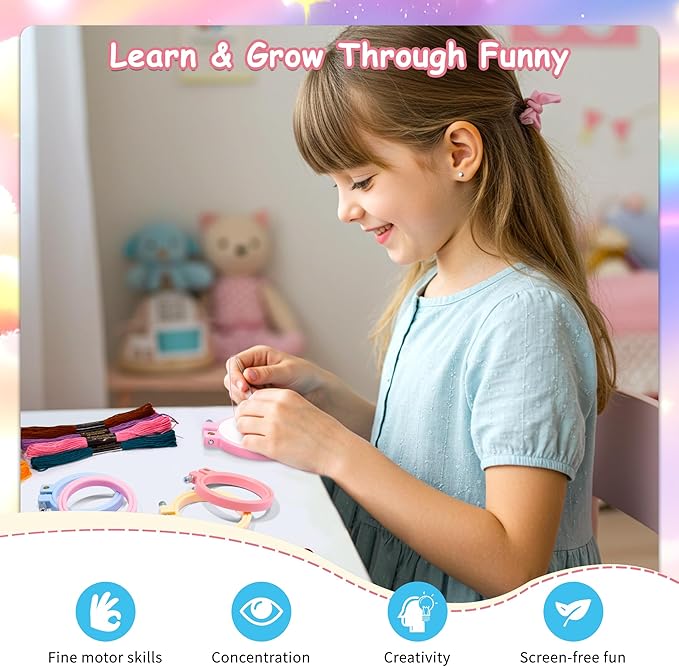 Pllieay 6PCS Embroidery Kit for Kids, Needlepoint Kits for Beginners with Pre-Printed Pattern, 6Pcs Hoop, Threads, Keychains and Instructions, Kids Cross Stitch Kits Supplies for Crafting