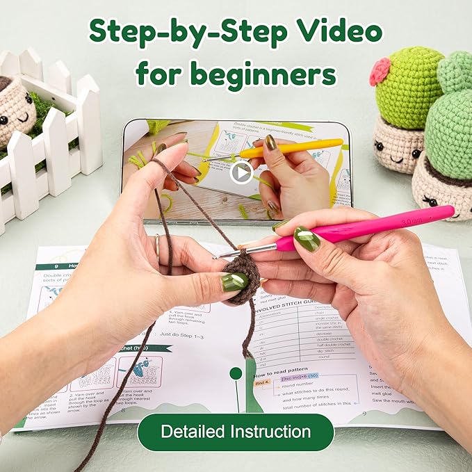 Karsspor Crochet Kit for Beginners, Complete Knitting Kit with Step-by-Step Instructions and Video Tutorials, Crocheting Set- 4 PCS Succulents, DIY Knitting Gift for Adults - Beginner-Crochet Lovers