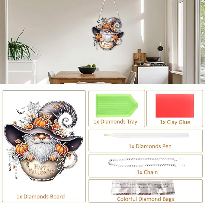 SENQAO Happy Halloween Gnome Diamond Art Hanging Kits for Adults Beginners, DIY Acrylic 5D Special Shaped Crystal Diamond Gem Art Painting Hanging Ornament for Home Wall Decor and Gift