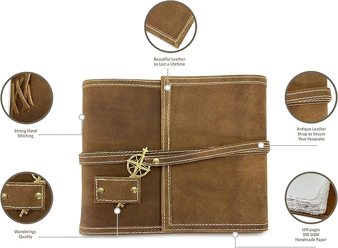 Wanderings Brown Leather Watercolor Journal - 6x8 - Genuine Leather Art Journal with Handmade Deckle Edge Paper - 350 GSM Cold Press Paper - Scrapbook, Watercolor Album, Sketchbook, Drawing Pad
