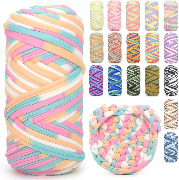 Tshirt Yarn for Crocheting,Rainbow T Shirt Chunky Elastic Fabric Thick T-Shirt Crochet Yarn for Beginners Crocheting Hand Knitting Bag/Basket/Coasters/DIY Crafts/Home Decor 200G-Candy
