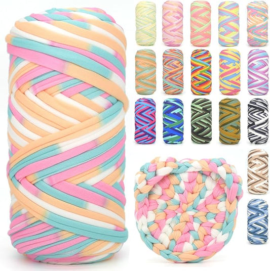 Tshirt Yarn for Crocheting,Rainbow T Shirt Chunky Elastic Fabric Thick T-Shirt Crochet Yarn for Beginners Crocheting Hand Knitting Bag/Basket/Coasters/DIY Crafts/Home Decor 200G-Candy