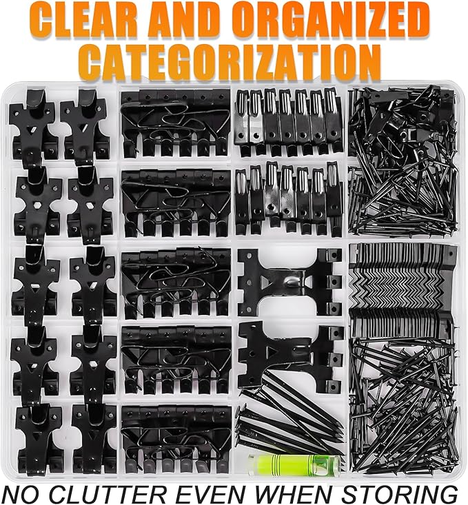 KURUI Picture Hangers, 385Pcs Picture Hanging Kit with Heavy Duty Picture Hanging Hooks, Sawtooth, Hardware Nails and Picture Hanging Tool, Wall Hangers for Frame, Painting, Art, Photo (Black)