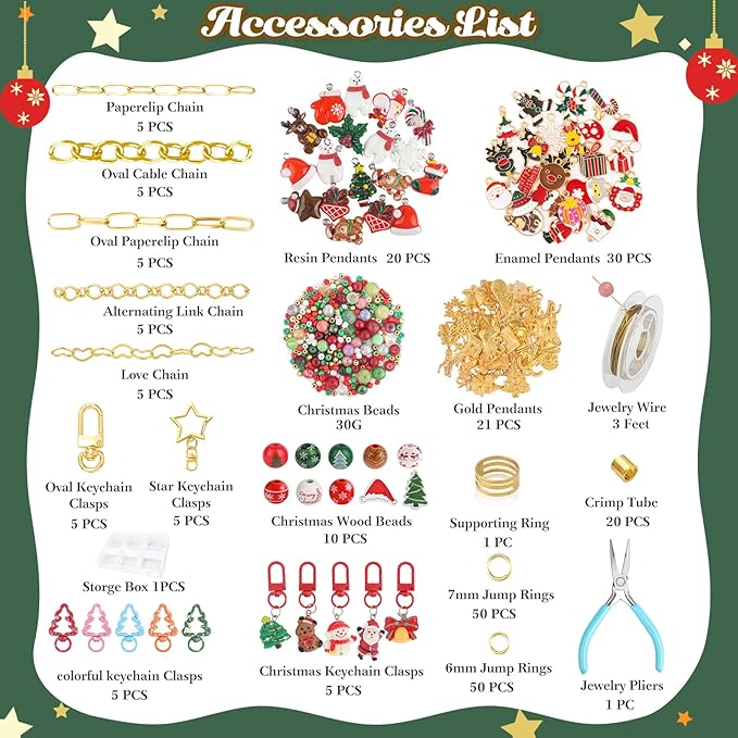 Ecoofor 251 Pcs Christmas Keychain Making Kit for Adults — Includes 20 Keychain Clips, 25 Extender Chains, 81 Charms, Beading Accessories, Jewelry Pliers — DIY Bag Charms & Jewelry Craft Kit