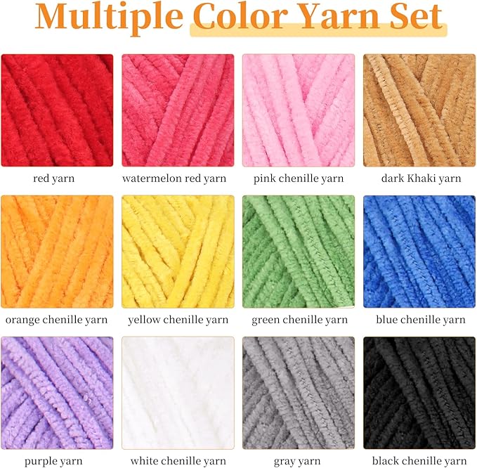 Coopay Skinny Chenille Yarn for Crocheting and Knitting, 12 Pack of 50g/1.76oz - 1764yd Total, Soft Crochet Yarn of Light Weight - Sutible for Colorful Crafts, Blankets, Plush Dolls and Baby Garments