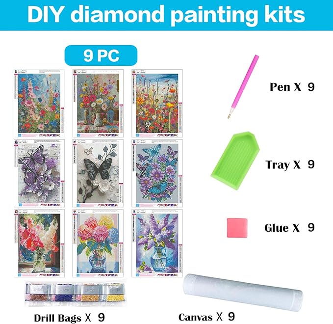 Meothan 9 Pack Diamond Art Kits for Adults, Flowers Diamond Painting Kits for Adults, 5D DIY Round Drill Gem Art Paint with Diamonds Dots Crafts Ste for Home Decor Gift 12x16inch