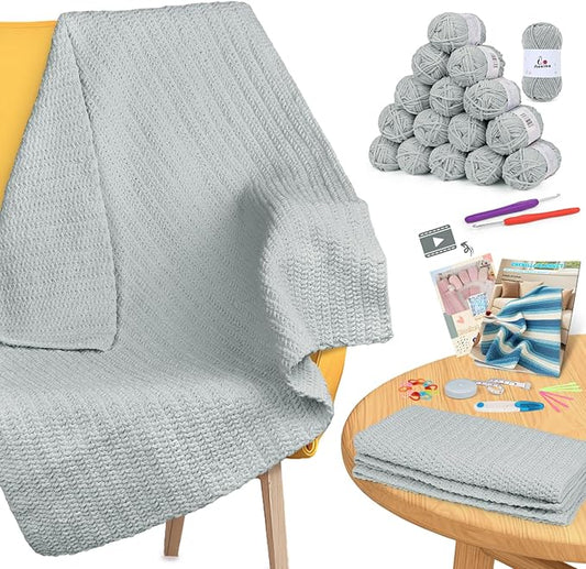 Aeelike Blanket Crochet Kit for Beginners, Easy Crochet Blanket Kit with Soft Chenille Yarns Detailed Instruction Crocheting Accessories Complete Beginners Crocheting Kits, Cyan-Gray