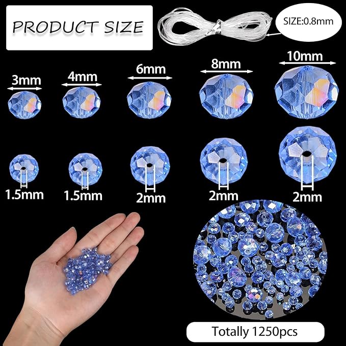 Song Xi 1250PCS AB Blue Crystal Beads for Jewelry Making, Rondelle Glass Beads for Bracelets Necklace, Earring, Pendants and Making Supplies, Bulk, Arts and Crafts, Sparkling (3/4/6/8/10mm)