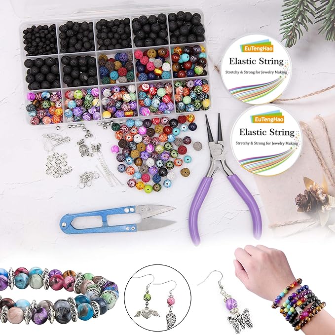 EuTengHao 846Pcs Lava Stone Beads Rock Loose Beads Cloisonne Beads Kit with Ink Patterns Chakra Beads Spacer Pendants Beads for Diffuser Essential Oils Adult DIY Bracelet Jewelry Making Supplies
