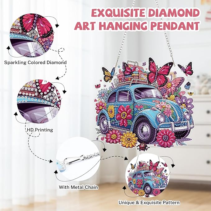 Car Diamond Art Hanging Kits for Adults, Diamond Art Suncatchers Flowers, 5D Special Shape Diamond Painting Butterfly Pendant Window Ornament Gifts for Home Wall Garden Door Decor