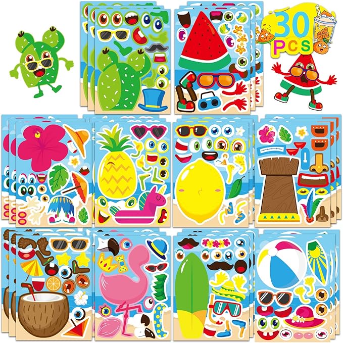 30 sheets hawaii make a face sticker summer pool beach stickers for kids make your own watermelon pineapple flamingo stickers for tropical luau craft party decor sticker summer holiday party favors