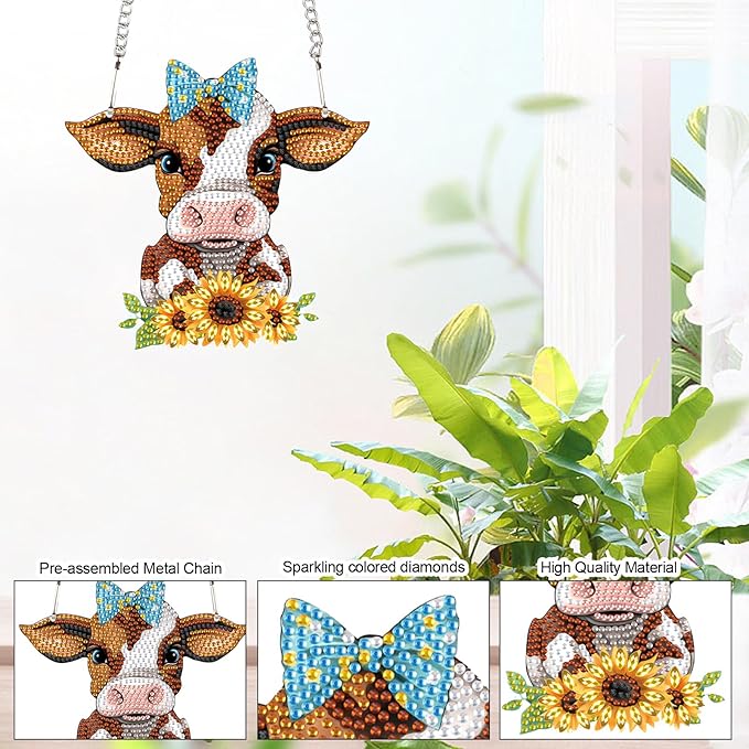 AiYuanzsh Sunflower Cow Diamond Art Hanging Kit, DIY 5D Special Shaped Rhinestones Diamond Art Pendant, Acrylic Diamond Painting Ornament for Window, Wall or Garden Decoration, Handmade Craft Gift