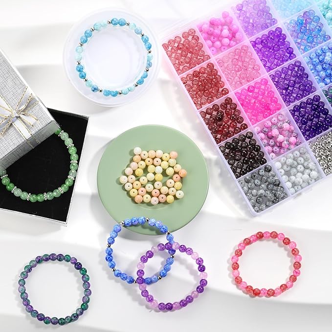 6mm glass beads for jewelry making, 1396pcs ink patterns crystal beads for bracelets, funtopia 34 colors round glass beads kits for necklace diy earrings crafts with spacer beads and charms