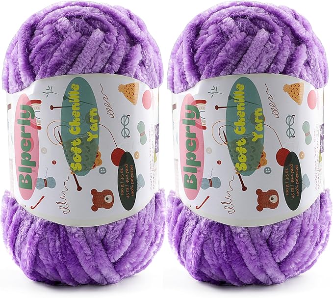 2 * 100g Fluffy Chenille Yarn for Crocheting - Chunky Velvet Yarn for Scarves Shawls, Baby Blankets, Hats Plush Toys, Plush Yarns Each Skein 49.2yd, (2, Purple)