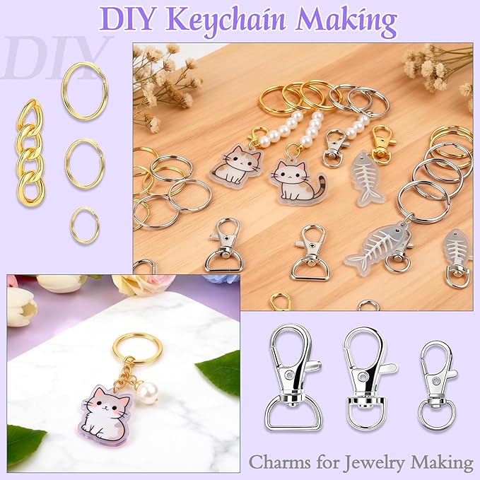 Prdingfy 282PCS Keychain Making Kit, Keychain Craft Supplies Including Key Chain Hooks, Lobster Clasps, Key Rings and Jump Rings for Key Chain Making and Jewelry Making(Gold Silver)