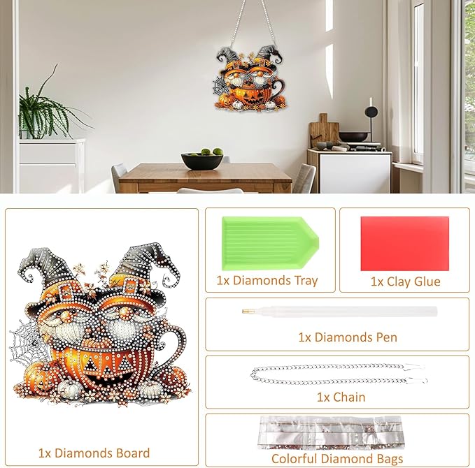 SENQAO Halloween Diamond Art Hanging Kits for Adults Beginners, DIY Acrylic 5D Special Shaped Crystal Diamond Gem Art Painting Hanging Ornament for Home Wall Decor and Gift（Gnome Pumpkin Cup）