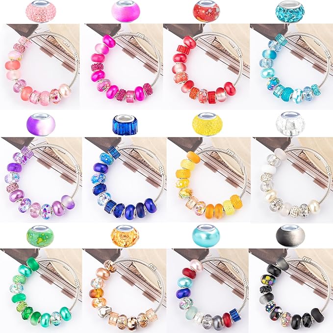 220 Pcs European Large Hole Spacer Beads, Zyehxed Assortment European Craft Beads Colorful Rhinestone Lampwork Beads Fairy Garden Beads For DIY Charms Bracelet Necklace Earring Jewelry Making Supplies