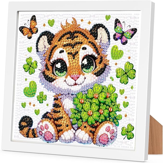 Arttoplus Tiger Diamond Art Kits for Kids 4-6-8-12 with Frame-Tiger Diamond Painting Kits for Kids with Frame,Animal Gem Art for Gift Home Wall Decoration(7x7inch)