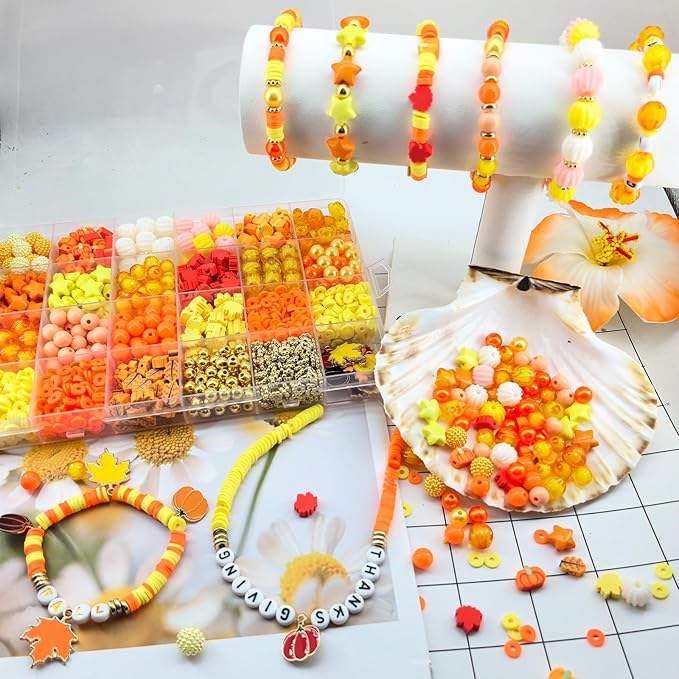 1470Pcs Fall Bracelets Kit - Thanksgiving Fall Beads for Jewelry Making - Autumn Maple Leaf Pumpkin Clay Beads Pearl Star Round Loose Spacer Heishi Beads for Necklace Earrings DIY Craft