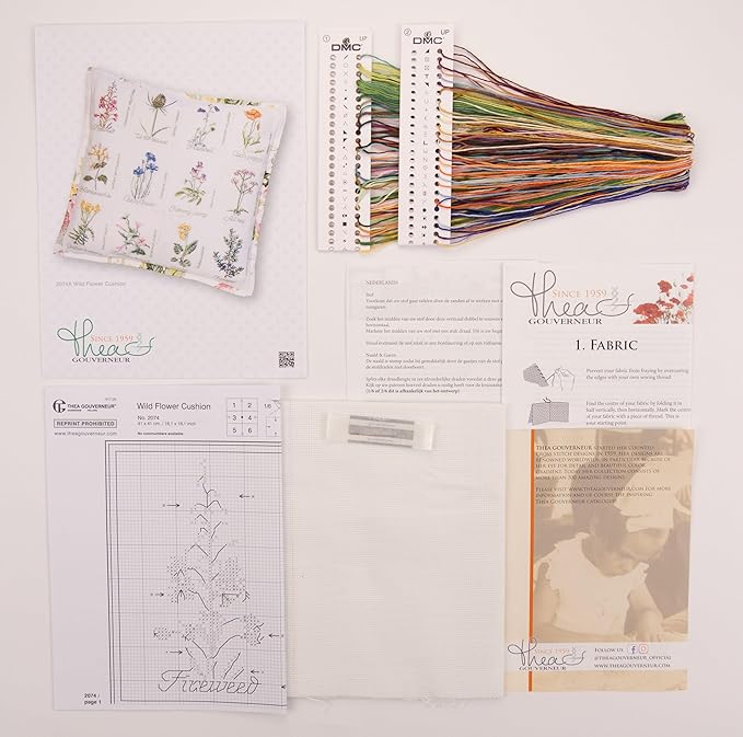 Thea Gouverneur - Counted Cross Stitch Kit - Wild Flower Cushion - Aida - 16 Count - Embroidery Kit for Adults - DMC Embroidery Threads and Other Cross Stitch Supplies Included - 2074A