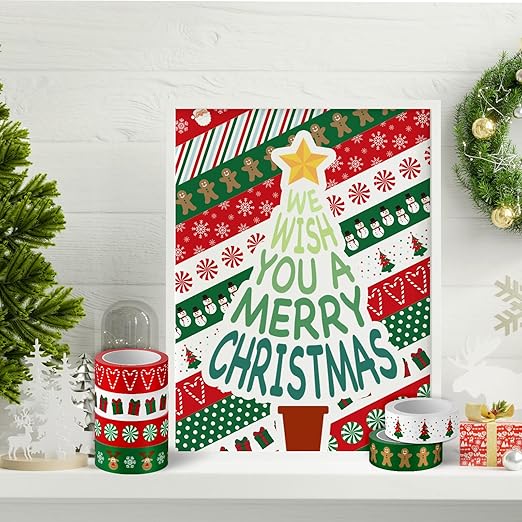 Whaline 12 Rolls Christmas Washi Tape Red Green Xmas Tree Snowman Santa Claus Gingerbread Man Candy Cane Pattern 15mm Decorative Masking Tape for Scrapbook Journal DIY Art Craft Gift Wrapping