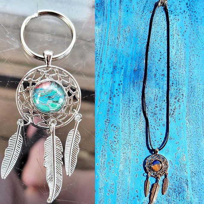 Allazone Seasonsky Dreamcatcher Set - 56 PCS Pendant Trays, Glass Cabochons, Black Rope Chain and Keychain for Photo Jewelry Making