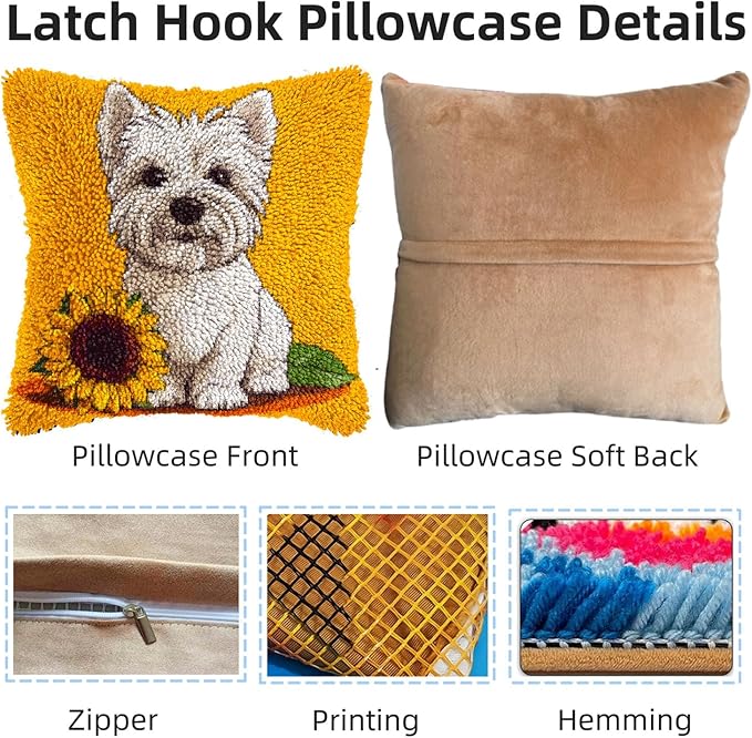 DIY Latch Hook Pillow Kits for Adults Cute West Highland Terrier Dog Printed Pillowcase Crochet Yarns Hooking Handmade Pillow Cover Cushion for Home Sofa Decoration 17x17inch-50