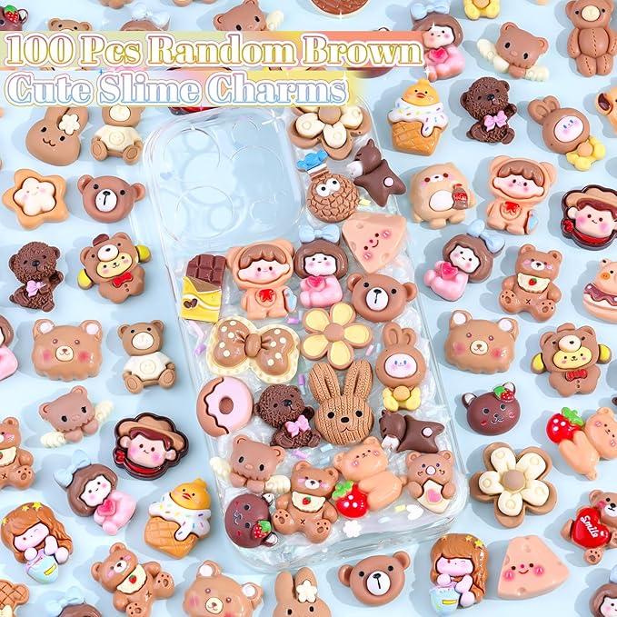 100PCS Brown Slime Charms Cute Flatback Resin Charms for Slime, Kawaii Random Decoden Charm for Embellishments Phone Junk Case Charms Bulk, Hairpins Scrapbooking Crafting & DIY Decoration