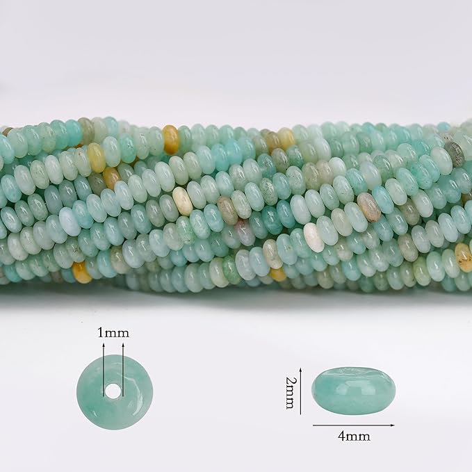 2 Strands (300PCs) Natural Amazonite Rondelle Beads, 2 * 4mm Gemstone Loose Spacer Abacus Disk Beads for DIY Bracelet Necklace Earrings Jewelry Making, Craft Supplies Beading Kit