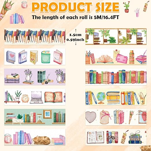 Watercolor Book Washi Tape - 12 Roll Lover Books Coffee Study Library Bookshelf Themed, Cozy Study Space Designs for Scrapbooking, Journaling, Gift Wrapping, Bookmark Making & Library Decor
