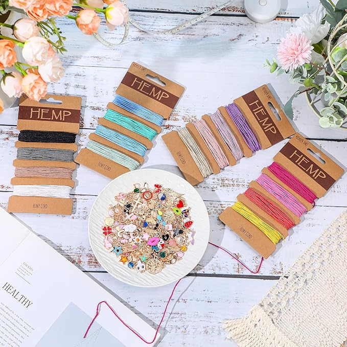 Quelay Hemp Cords Jewelry DIY Making Kits, 16 Pcs 84 Yards Flax String Cord Natural Twine Rope and Various Styles Bracelet Charms for Friendship Bracelet Necklace Keychain Gift Craft Making (Colorful)