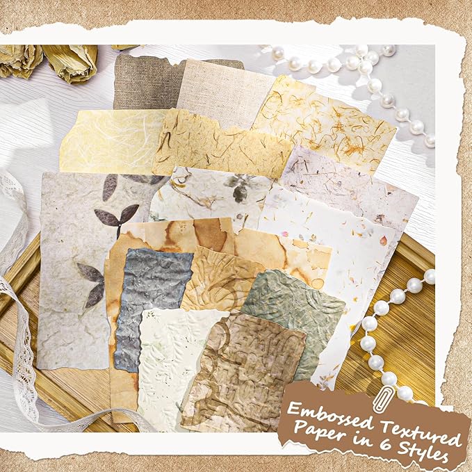 168 Pcs Textured Vintage Scrapbook Paper, 6 Themes Scrapbook Journaling Supplies, Embossed Designs Scrapbooking Kit Decorative Paper for Junk Journals, Card Making, Collage Art, Retro Crafts
