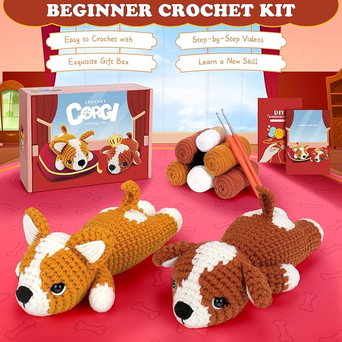 fortuning's jds crochet kit for beginners - 2 pcs corgi crochet kits with step-by-step video tutorials, beginner crochet kit for adults, crochet animal kit, dog knitting kit gifts valentine's day