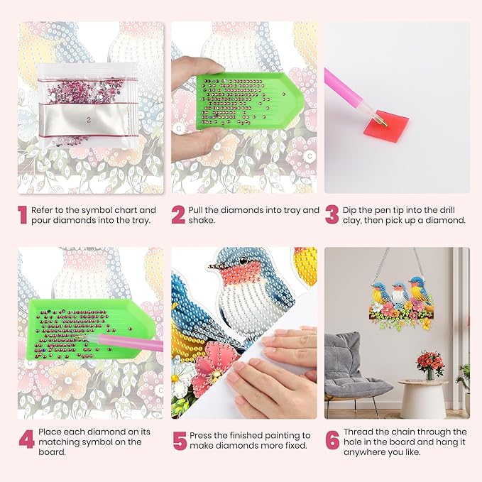 MXJSUA Special Shaped Hanging Diamond Painting Art Kits for Adults, Birds Flowers Fence 3D Crystal Rhinestone Acrylic Gem Art Pendant Ornaments Kit for Home Decoration and Gift